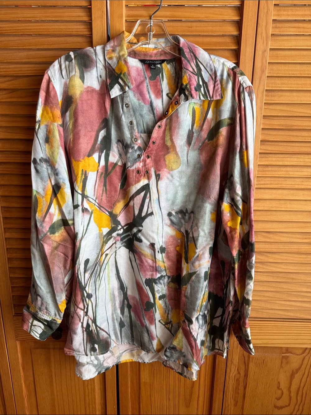 JOHN MARK Multicolor Floral-Print Long Sleeve Blouse - Pink, Yellow, Green, Gray